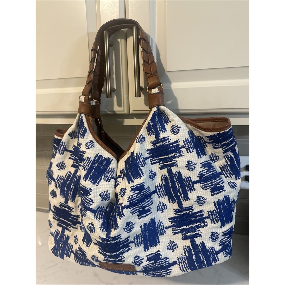 Lucky‎ Brand Surf Blue & Natural Majorca Canvas Large Tote Handbag Purse